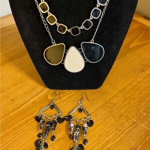 Black and white set of 2 necklaces and earrings on silver tone chain 18”